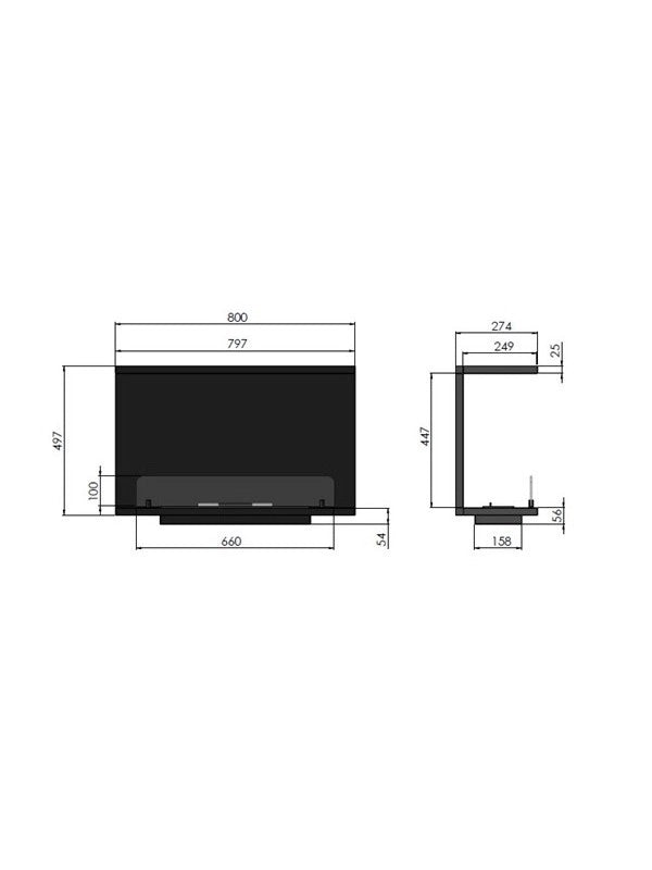 Caminetto a Bioetanolo Da Incasso di Design C800 V2 con Vetro Aperto su 3 Lati Bruciatore da 0,7 Litri