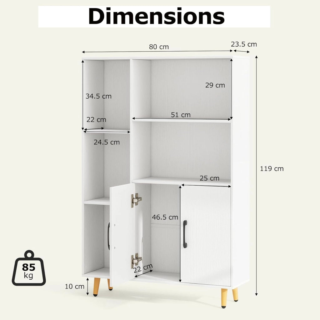 Armadietto da soggiorno, libreria, 2 ante e 5 scomparti aperti, credenza in legno, 80 x 23,5 x 119 cm (Bianco)