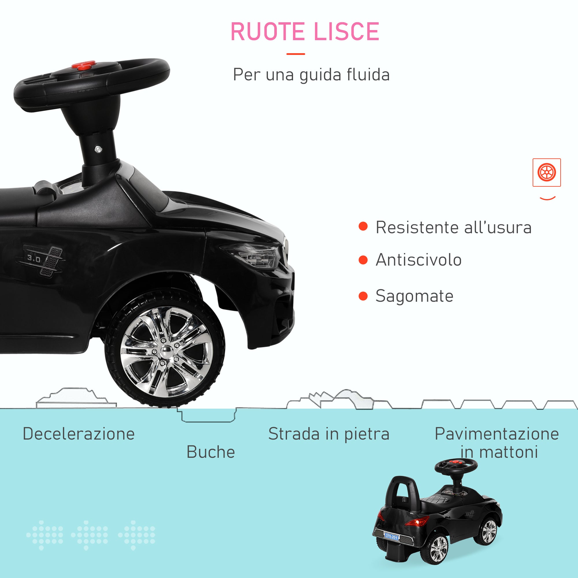 Macchina Cavalcabile per Bambini 63.5x28x36 cm con Fari e Musiche Integrate in PP Nero