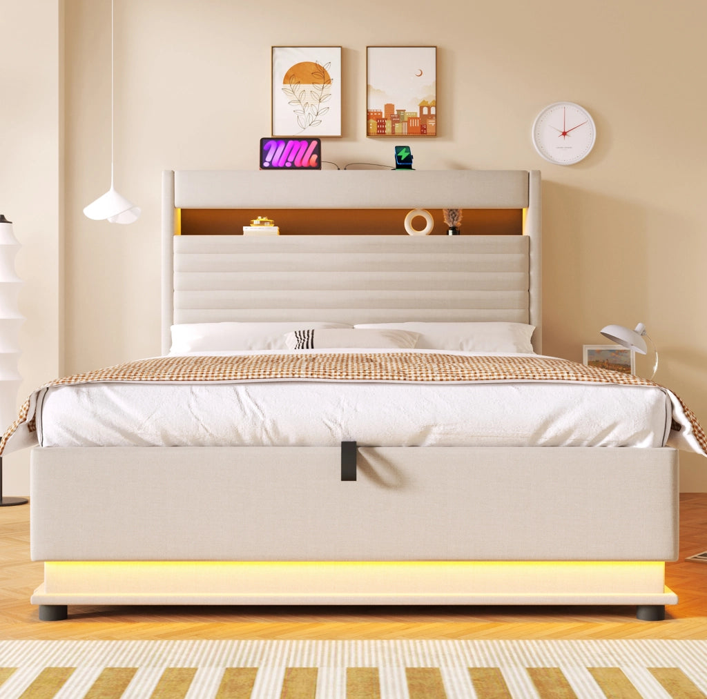 Letto imbottito con contenitore 140x200 cm in lino beige; LED e ricarica USB Type-C