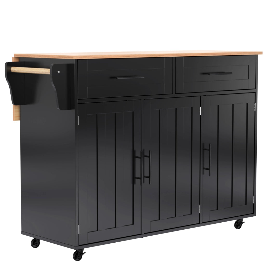 Isola da Cucina Mobile 129x46/71x91,5 cm Nera e Legno con Piano Ribaltabile, 2 Cassetti e 5 Ruote