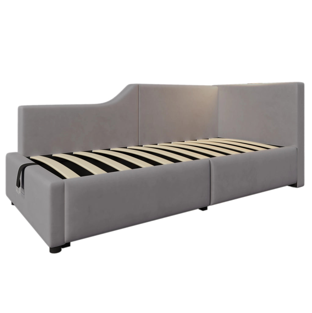 Letto a giorno 90x190 cm con contenitore; lampada da lettura e USB C; velluto grigio