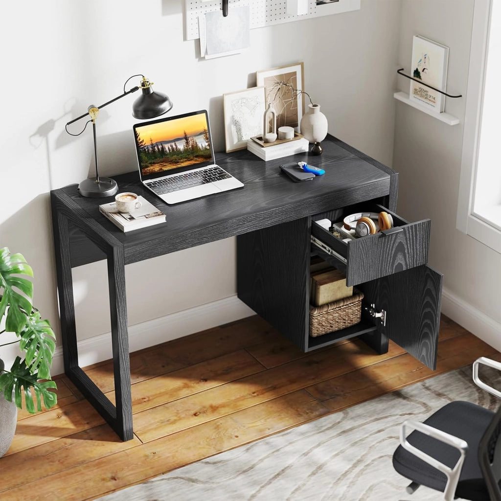 Scrivania Moderna per Computer, Postazione di Lavoro con Armadietto e Cassetto, Design Semplice ed Elegante, Scrivania con Superficie Liscia, Ideale per Casa e Ufficio (Nero)
