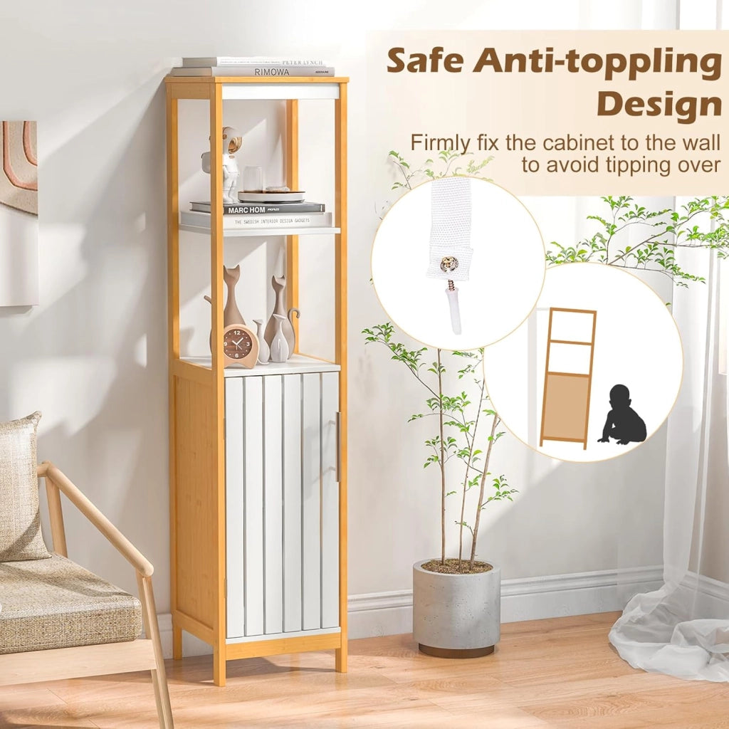 Armadio da bagno in bambù, mobile indipendente con porta, scaffale regolabile e ripiani aperti, torre della biancheria sottile e stretta, per bagno, ripostiglio, cucina