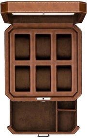 Orologeria in legno di 6 vasi con contenitore per accessori per uomini - orologeria di lusso, organizzatore di display, imbottitura in micro-suede, contenitore chiuso per gioielli da uomo, marrone/marrone