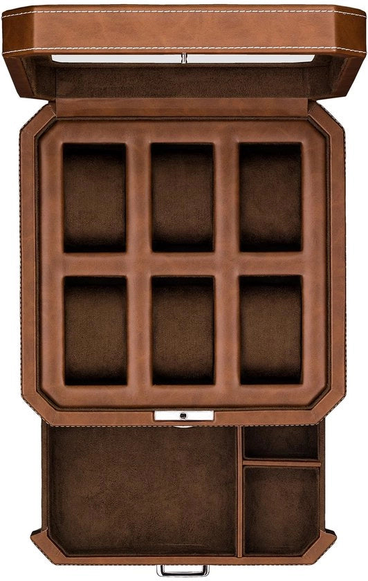 Orologeria in legno di 6 vasi con contenitore per accessori per uomini - orologeria di lusso, organizzatore di display, imbottitura in micro-suede, contenitore chiuso per gioielli da uomo, marrone/marrone