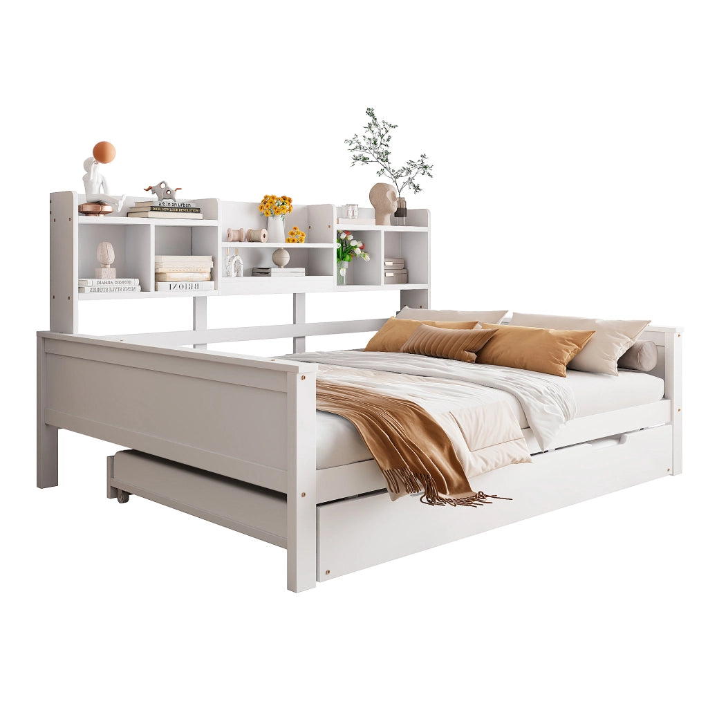OKWISH Letto Divano 140×200 cm, Letto Matrimoniale con Letto Estraibile 90×190 cm, Contenitore e Mensole, senza Materasso, Legno, Bianco