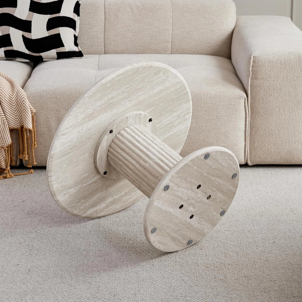 GrandCA HOME Set di 2 Tavolini Rotondi Impilabili con Gambe Cilindriche ed Effetto Travertino Grigio Finto, Tavolino da Caffè in Stile Minimalista Moderno per Soggiorno o Camera da Letto