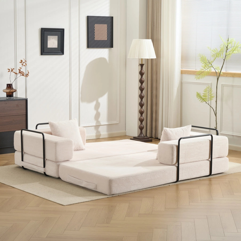 Divano letto pieghevole da pavimento con schienale e braccioli in velluto a coste bianco 185 × 92,5 × 60 cm