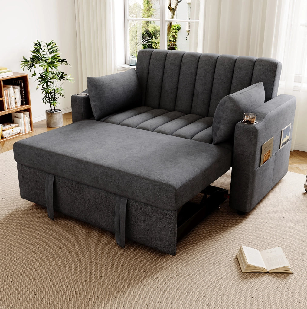 Divano letto 2 posti 136x162x84 cm in tessuto grigio con portabicchieri