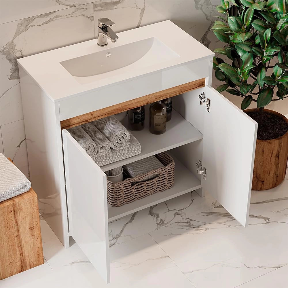 Set di mobili da bagno Lemgo, Bianco lucido, 79.8 cm, composto da mobile sottolavabo e lavabo