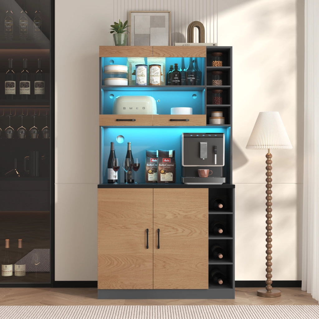 Credenza alta da cucina con LED, ripiani regolabili e vetro, per cucina e soggiorno, grigio naturale, 100 × 47 × 187 cm