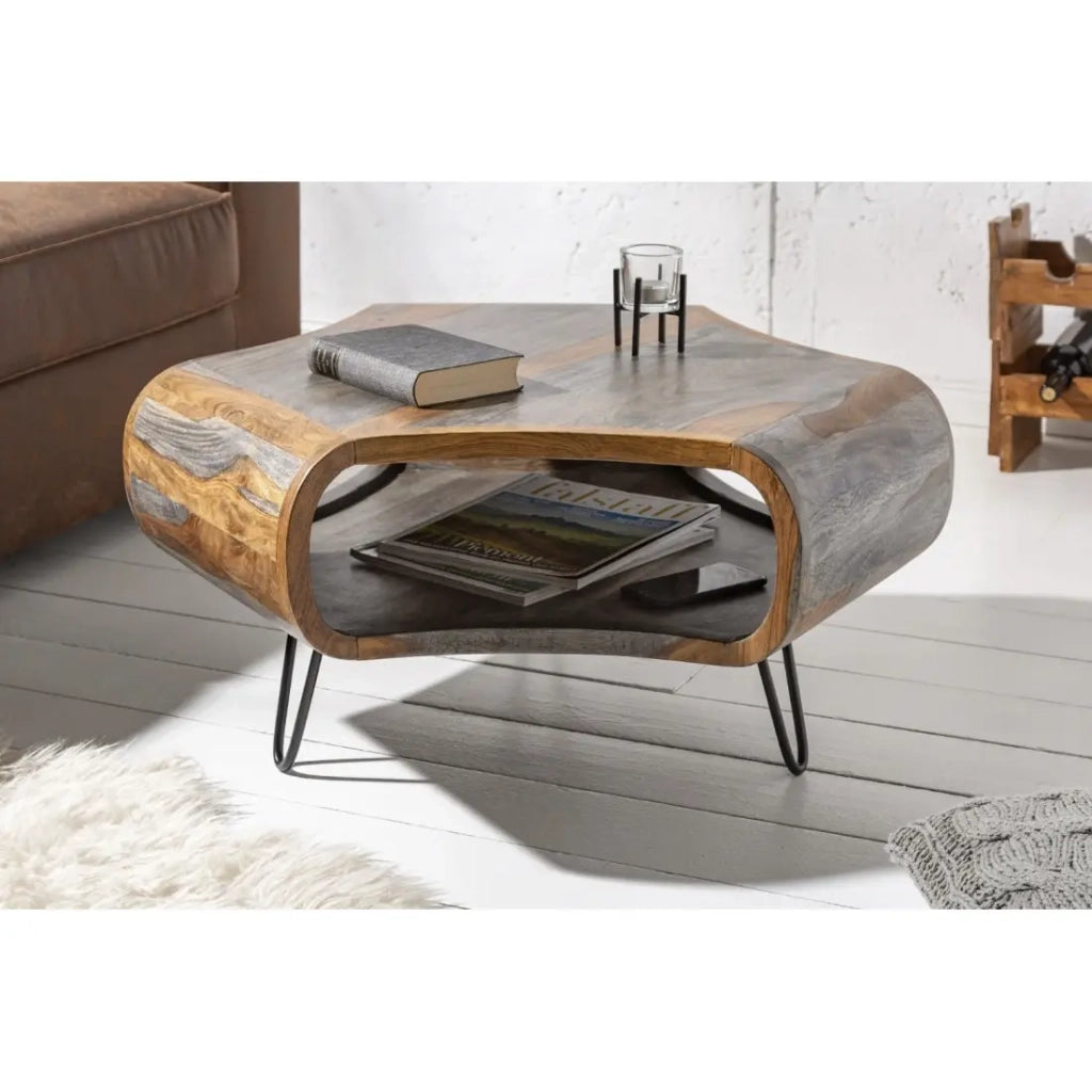 Tavolino basso NERA 80 cm in legno massiccio di Sheesham marrone e grigio con nicchia – design retro industriale