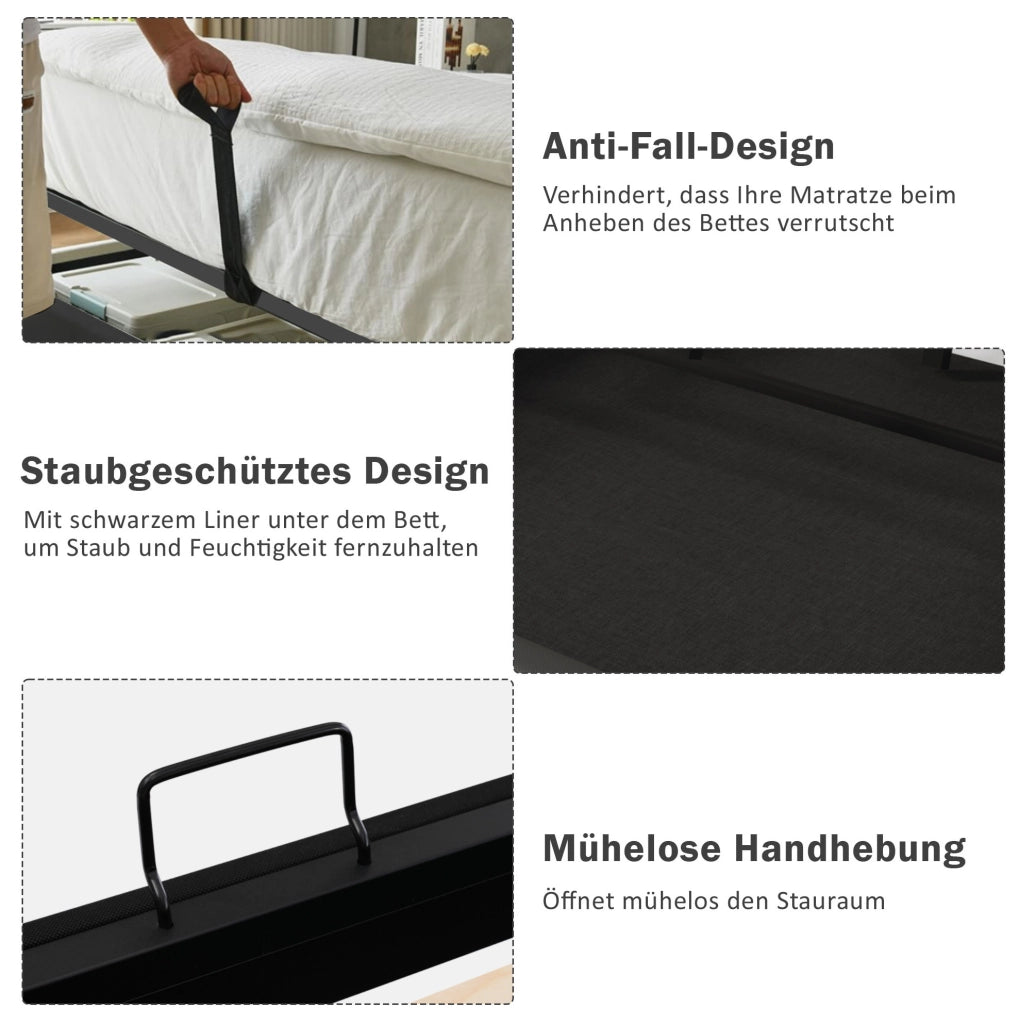Letto singolo 90x200 cm con contenitore; LED; USB-C; in cotone e lino; grigio