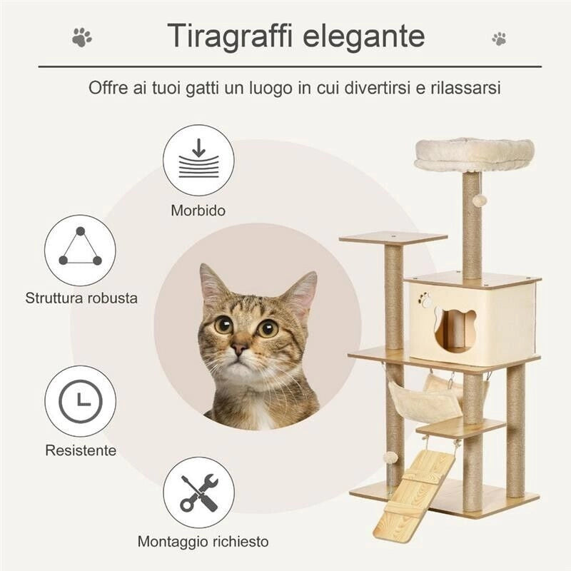 ALBERO TIRAGRAFFI MULTILIVELLO CON CASETTA, AMACA, SCALETTA E CORDE IN JUTA, RIVESTIMENTO PELUCHE, 60X40X130CM, GIALLO