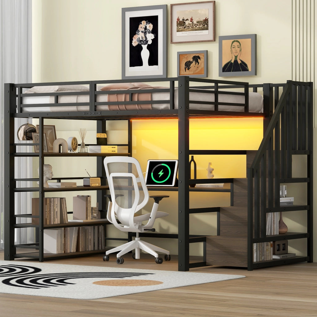 Letto a soppalco 140x200 cm con scrivania; scala contenitore; stazione USB e illuminazione LED; metallo nero