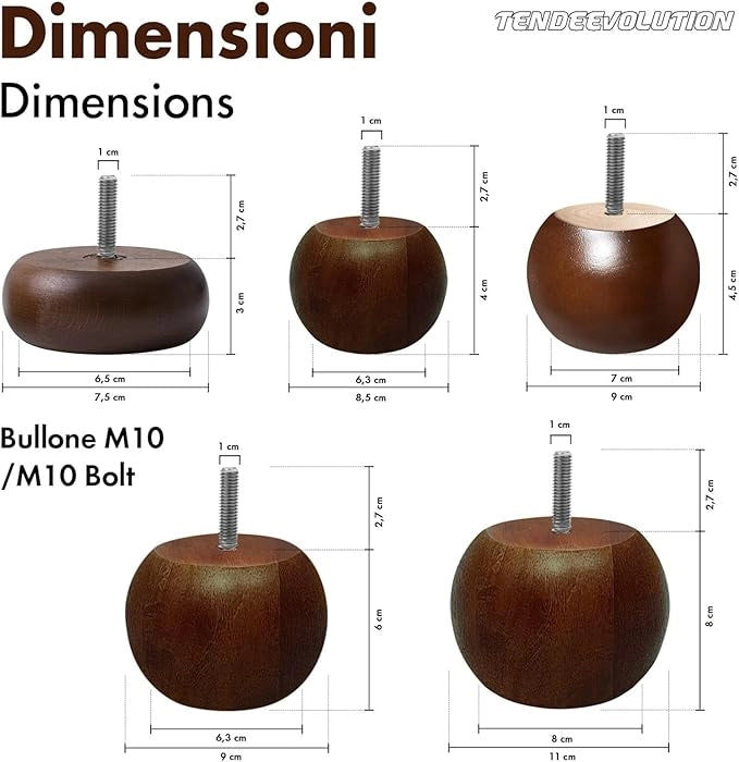 Piedini in Legno Modello Cipolla per Mobili e Divani | Altezza 8cm | Faggio Massello | Finitura Noce