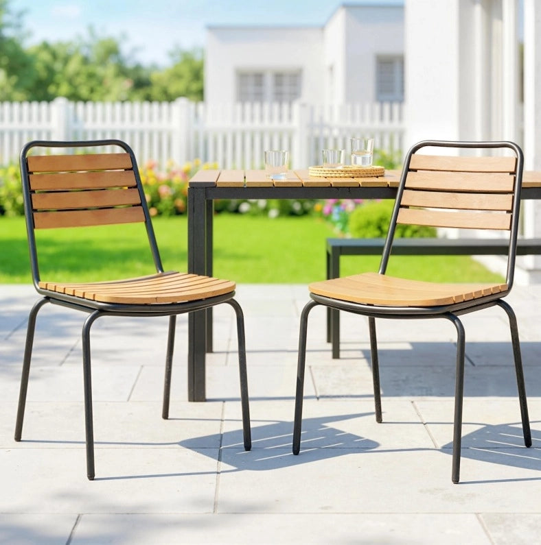 Set di 2 sedie da giardino impilabili in eucalipto e acciaio