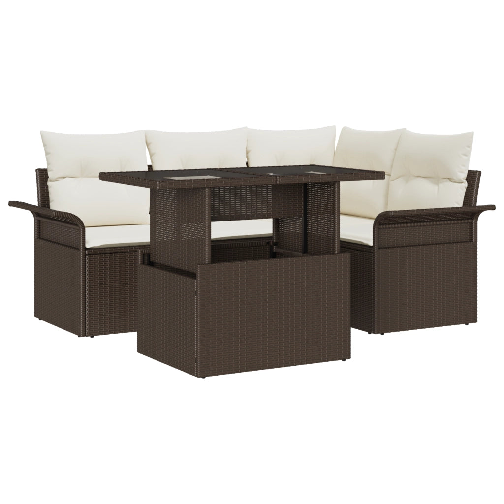 Set Divano da Giardino 5 Pezzi con Cuscini Marrone Rattan