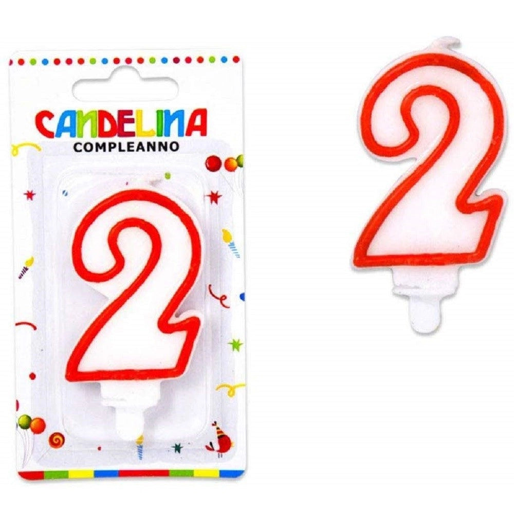Trade Shop - Candelina Candela Numero 2 Compleanno Bianca Bordo Rosso Candeline Torta Party -