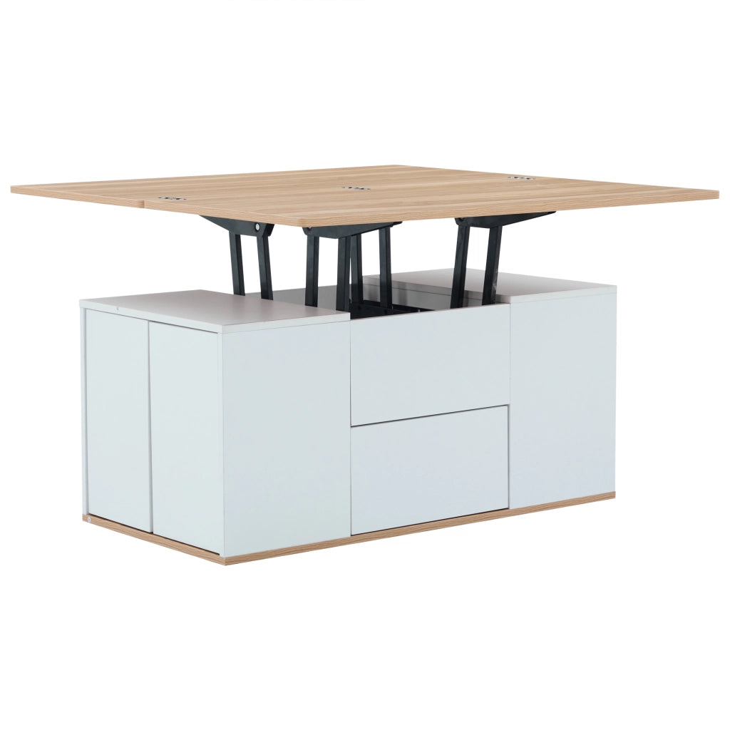 Tavolino da caffè 100x51x47 cm; piano sollevabile 2 in 1 con 2 cassetti; truciolare bianco e colore naturale