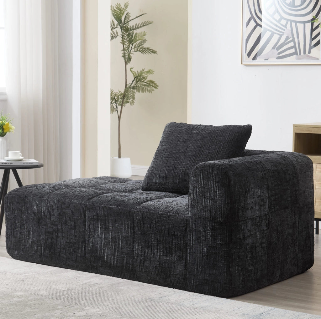chaise longue 158x90x60 cm in ciniglia nera con cuscino e tasche laterali