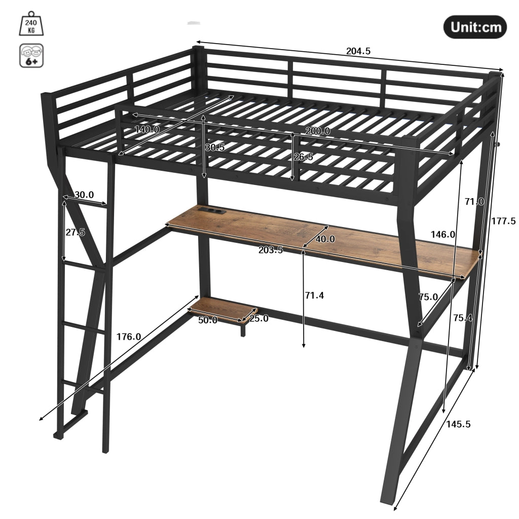 Letto a soppalco 140x200 cm con scrivania; LED e prese USB in metallo nero