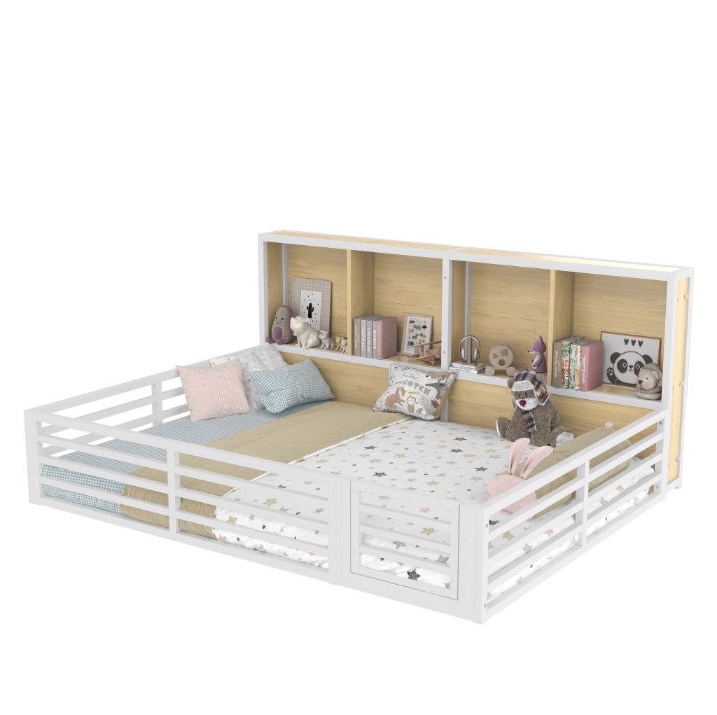 Letto daybed 140x200 cm con sponde di sicurezza; vani laterali e LED; MDF e metallo; bianco
