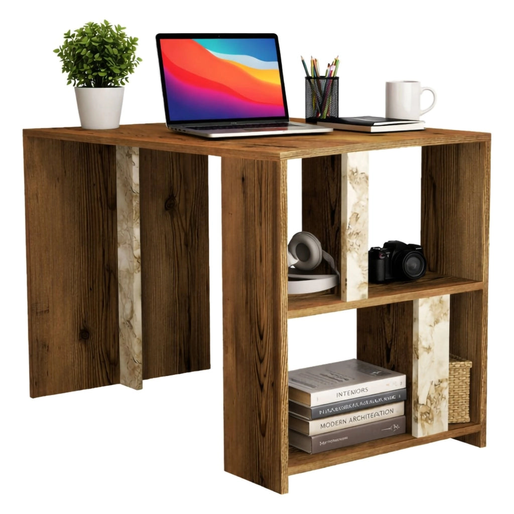 Scrivania Bising, Scrittoio multiuso, Tavolo per ufficio porta PC, Piano di lavoro, 120x60h75 cm, Noce e Bianco Marmo