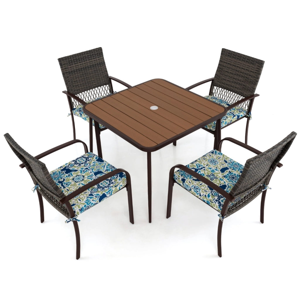 Set da pranzo da esterno 5 pezzi per giardino, Set da pranzo in rattan con cuscini e tavolo quadrato Marrone