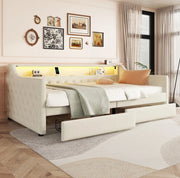 Letto 90x200 cm con LED; USB e 2 cassetti in lino beige