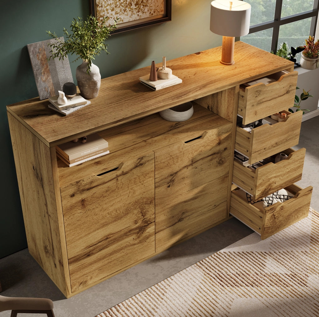 Credenza in MDF effetto rovere con 4 cassetti e 2 ante