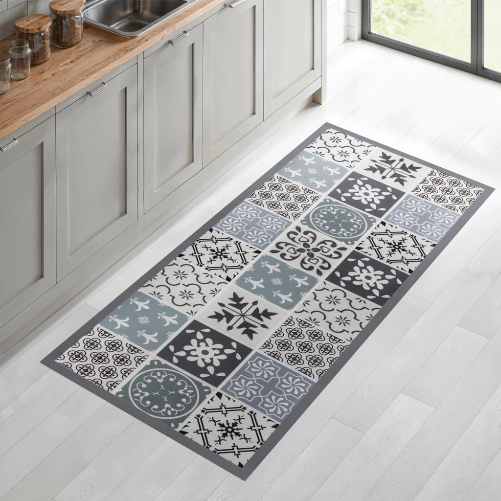 IDMarket - Tappeto vinilico effetto piastrelle di cemento bianco e nero 66 x 160 cm