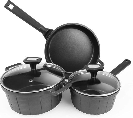 Set di pentole a induzione 5 pezzi con coperchio, composto da pentola profonda / pentola a vapore / pentola per tutti i tipi di fornelli, rivestimento antiscivolo PFAS-free, resistente a lavastoviglie e forno, nero
