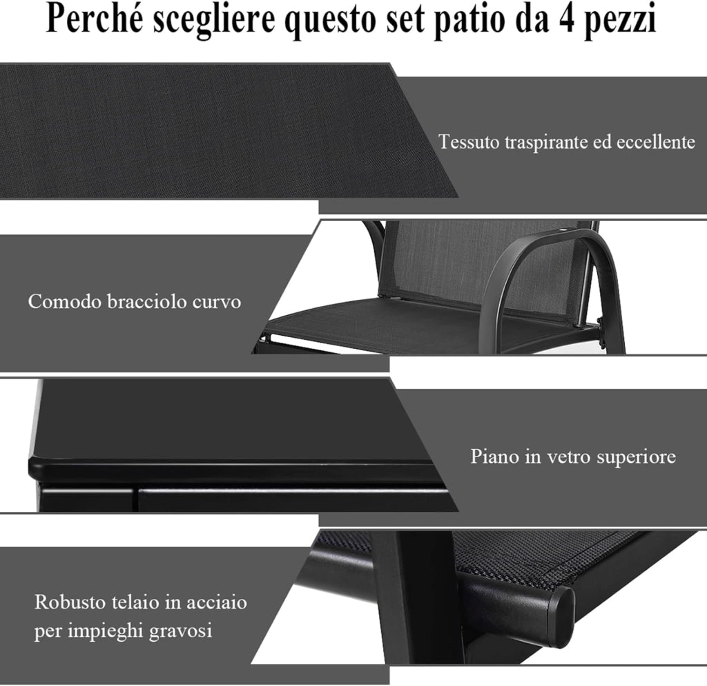 Set da Giardino con 4 Pezzi, Set da Giardino per Chiacchierare, Sedie da Giardino con Tavolino in Vetro, con Struttura Resistente in Ferro, Tessuto a Rete Traspirante (Nero)