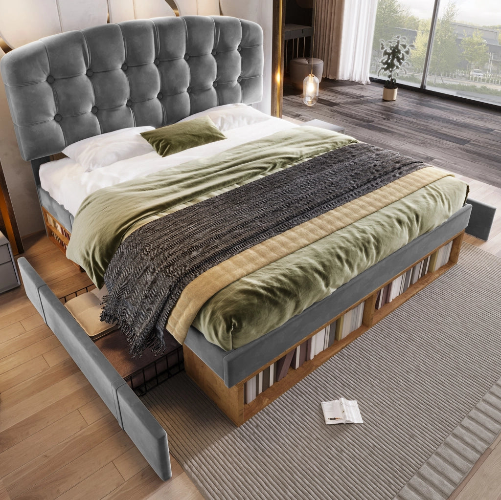 Letto imbottito 140x190 cm in velluto grigio con cassetti