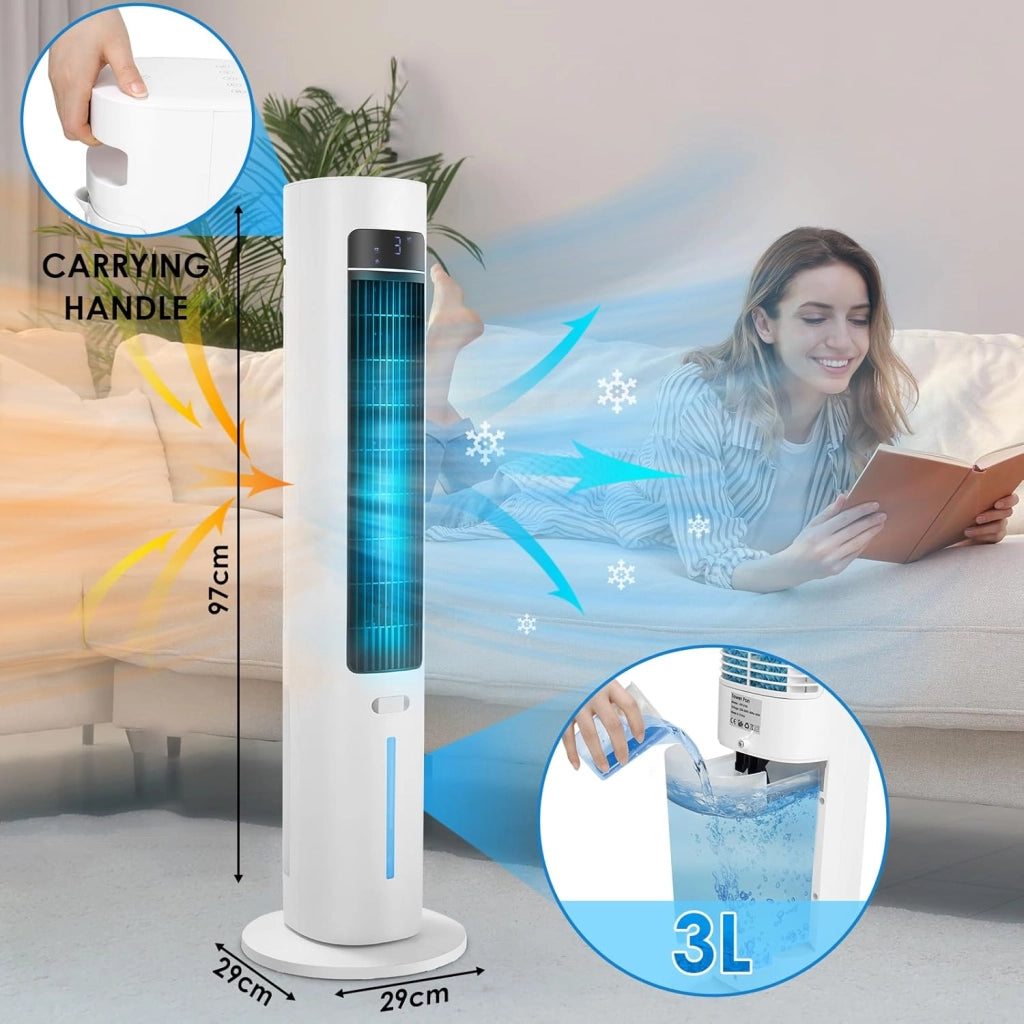 Ventilatore a torre con diffusore di aromi, telecomando a 3 livelli, con raffreddamento ad acqua, oscillazione 50°, timer 12 ore e modalità sleep per ufficio/casa, ventilatore silenzioso da