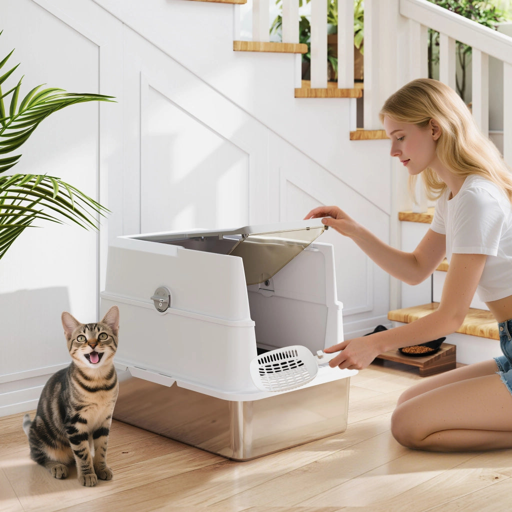 Lettiera per Gatti Grandi con Coperchio Ribaltabile Paletta e Deodorante in Acciaio Inox Grigio Chiaro