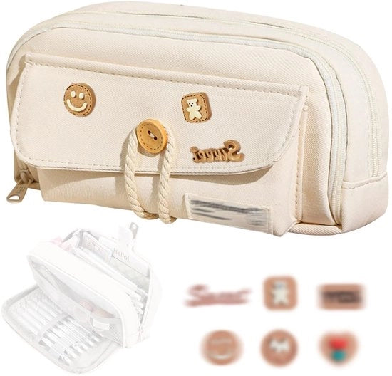 Etui grande 4 tasche - Pennenetui duraturo - Patches decorativi - Canvasso resistente - Per scrittura/cosmetici - Design moderno - Penna portatile