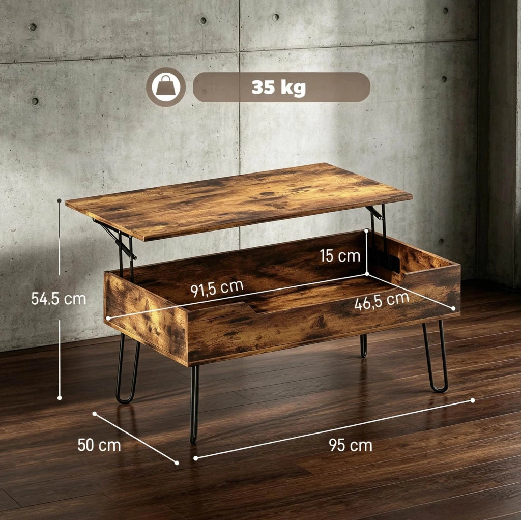 Tavolino da caffè rettangolare con piano sollevabile e vano nascosto; MDF color noce