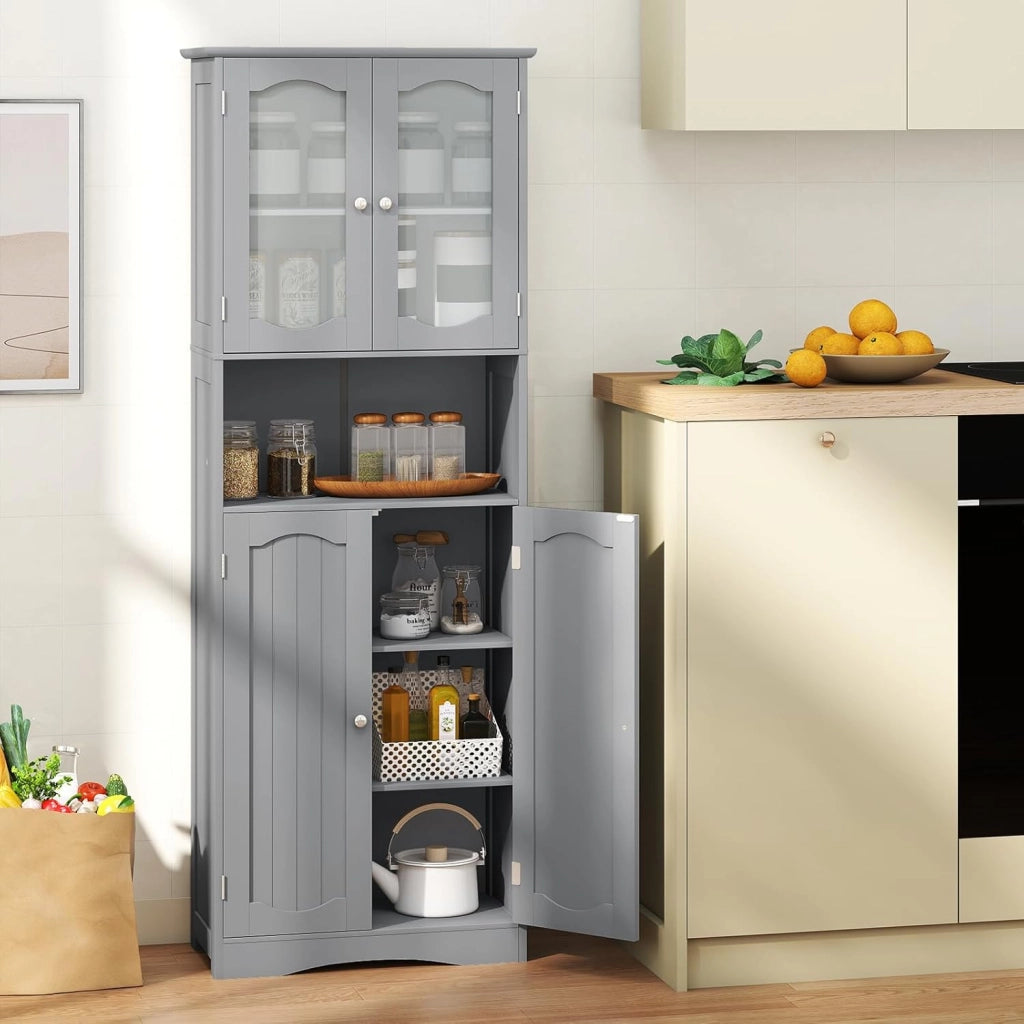 Armadio Alto da Bagno con Ante in Vetro Temperato, Ripiani Regolabili, Kit Anti-Ribaltamento, per Bagno, Soggiorno, Sala da Pranzo e Cucina, 60x30x164 cm (Grigio)