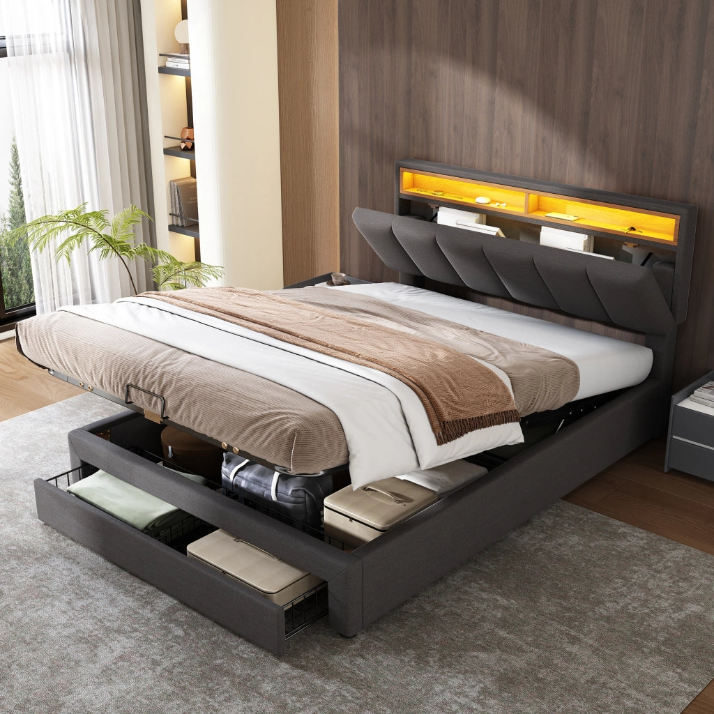 Letto imbottito 140x200 cm grigio con LED, rete a doghe, vano contenitore sottoletto e struttura in MDF