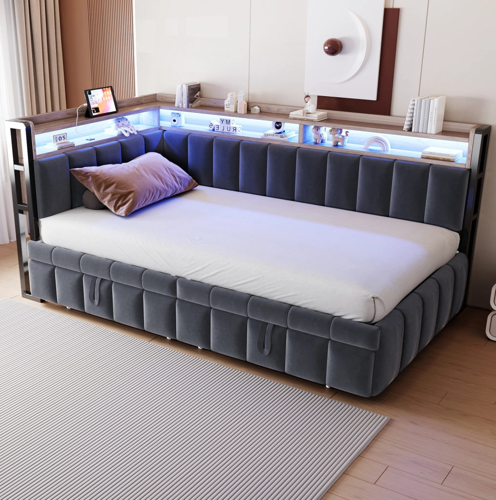 Divano letto estraibile 90x200 cm con LED, USB e USB-C in velluto grigio