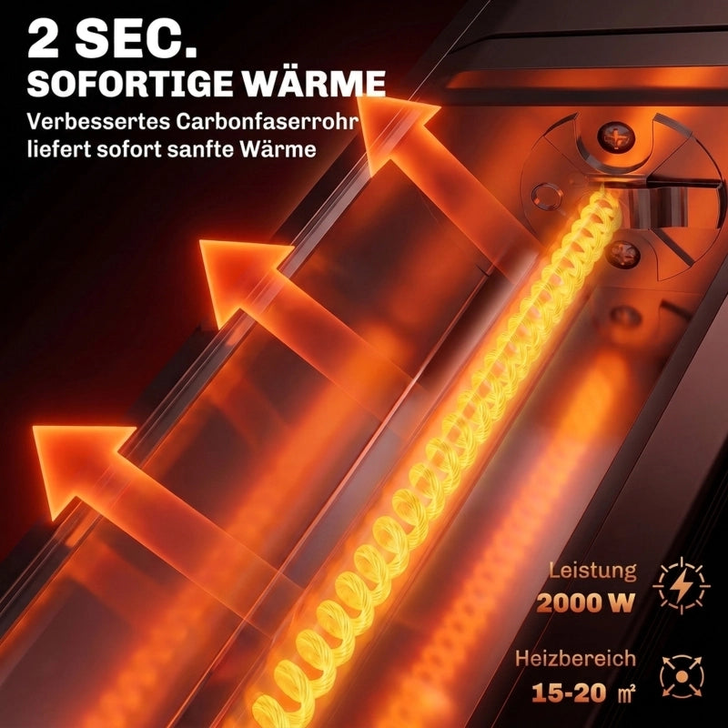 Stufa a infrarossi a parete 2000 W in carbonio; app WiFi e telecomando; 9 livelli; nero