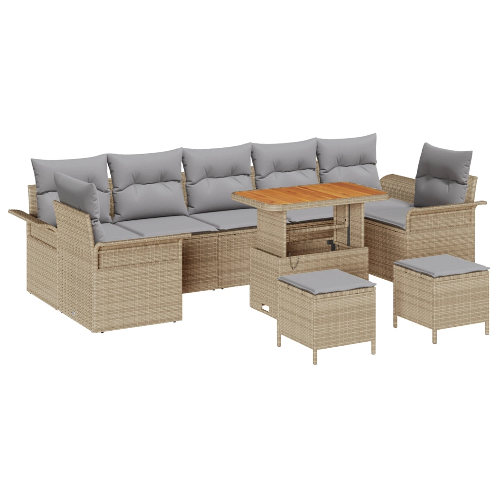 Set Divano da Giardino da 10 Pezzi con Cuscini Beige Polyrattan Acacia