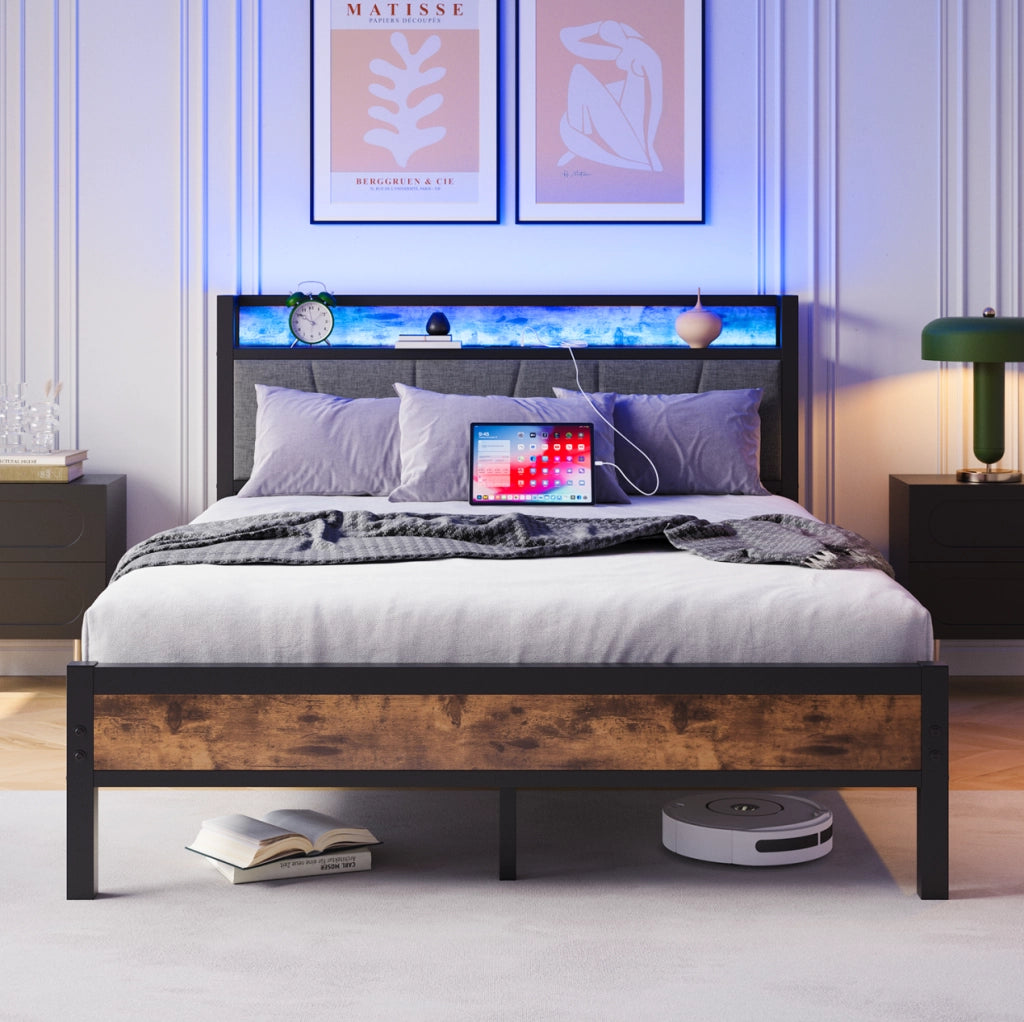 Letto 140x200 cm con LED, USB, presa e testiera contenitore
