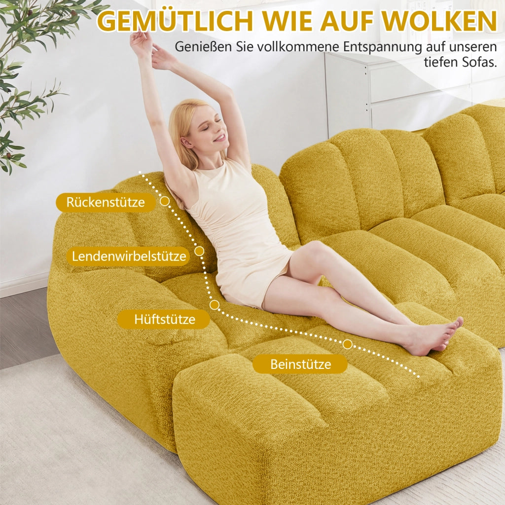 Divano modulare ad angolo con seduta profonda e schienale ergonomico in pile granulato giallo 366 × 104 × 79 cm
