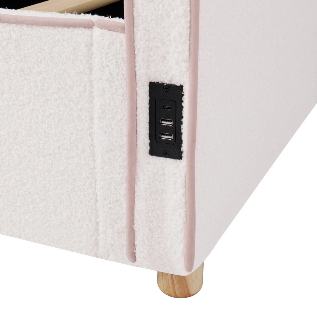 Letto imbottito 90x200 cm bouclé beige con vano contenitore