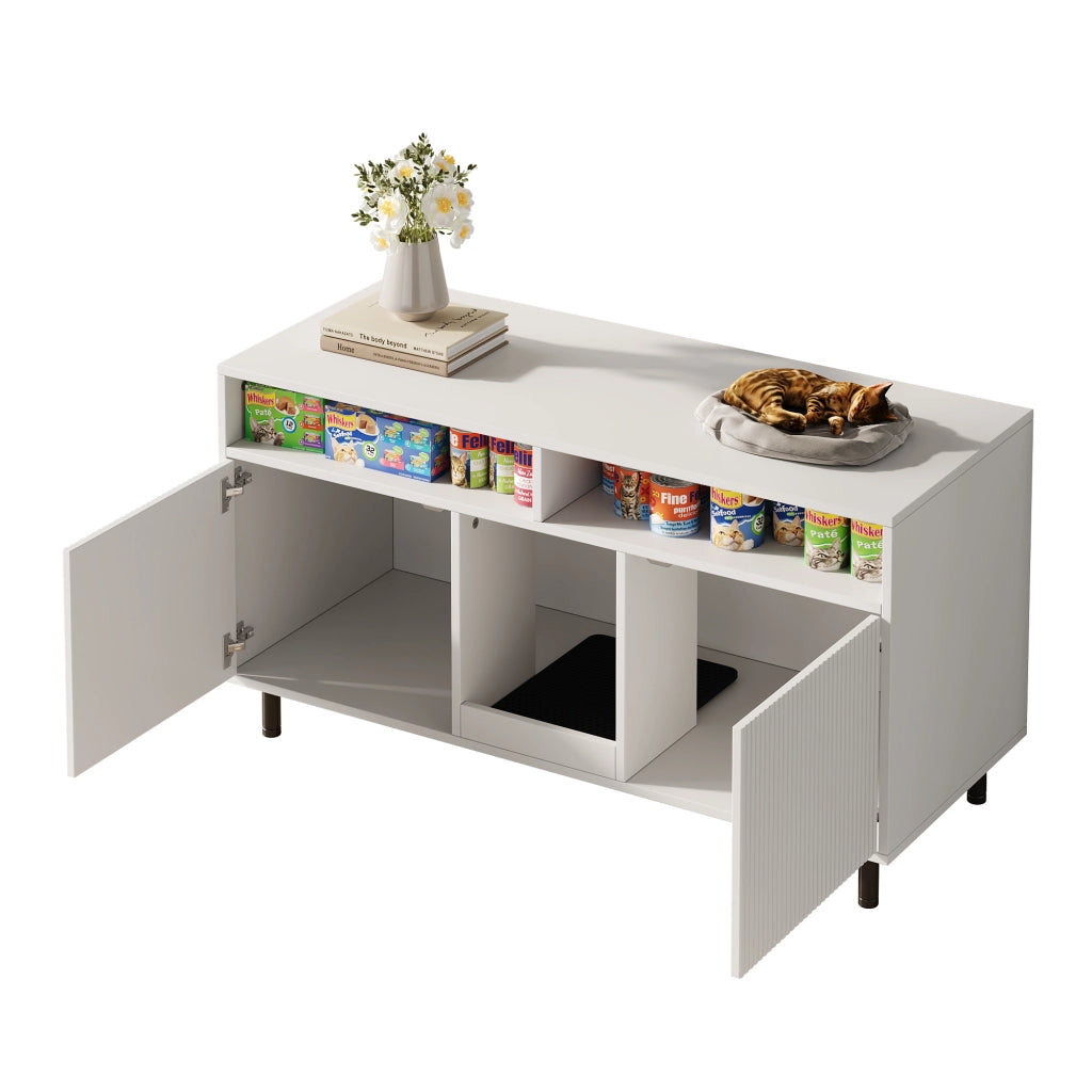 Mobile per lettiera per gatti con 2 ante e ripiani aperti, tappetino raccogli-sabbia, in MDF, bianco, 120 × 50 × 66 cm