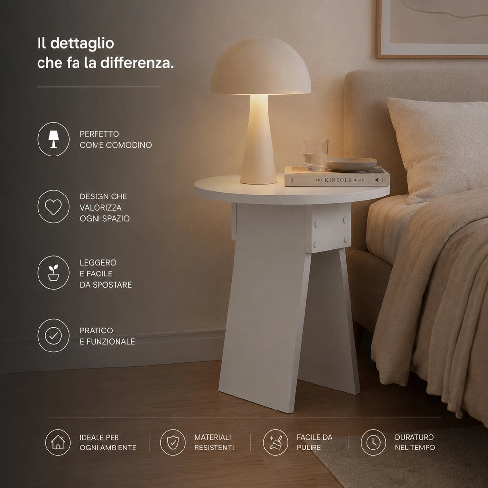 Tavolino Rotondo Bianco da Soggiorno Design Minimal Tavolo Comodino 42x23.5x50cm